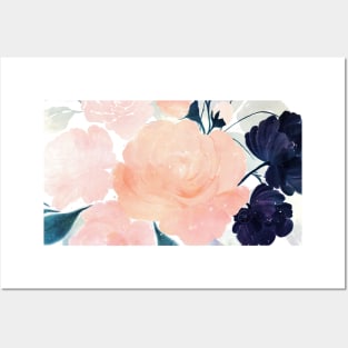 Elegant Blue Pink Mint Flowers Watercolor Floral Posters and Art